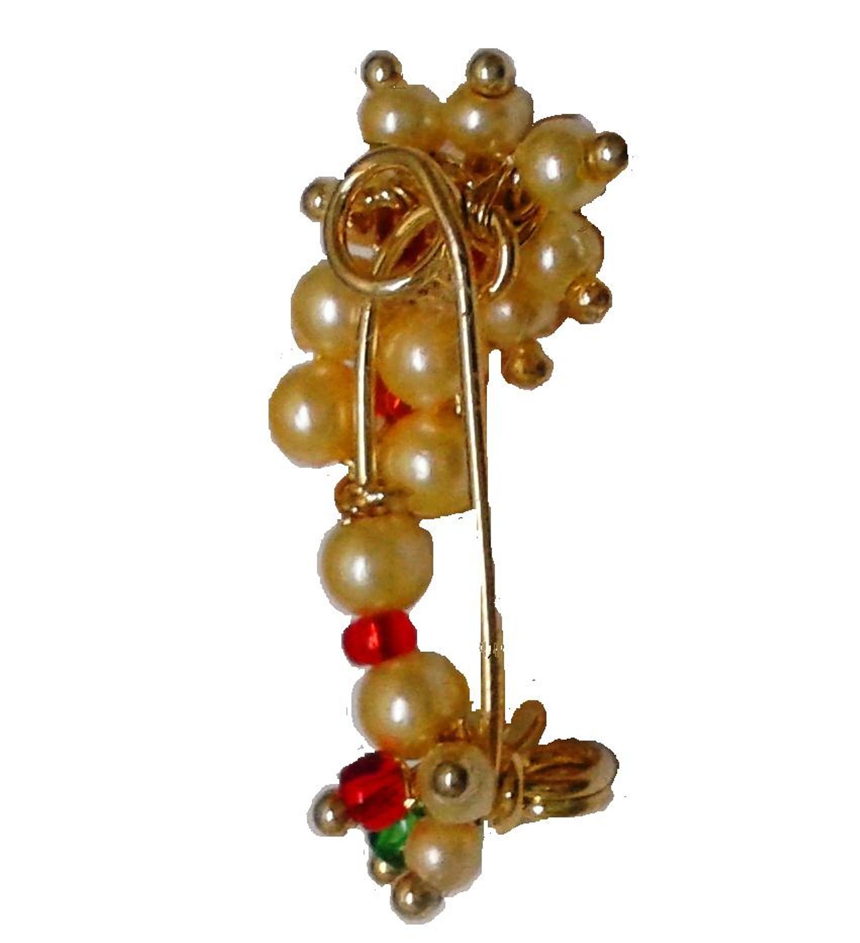 Indian Traditional cultural nose pin stud or Nath Maharasthrian nath 18 kt  yellow gold and pearl handmade ethnic jewelry from india gnp52 | TRIBAL  ORNAMENTS